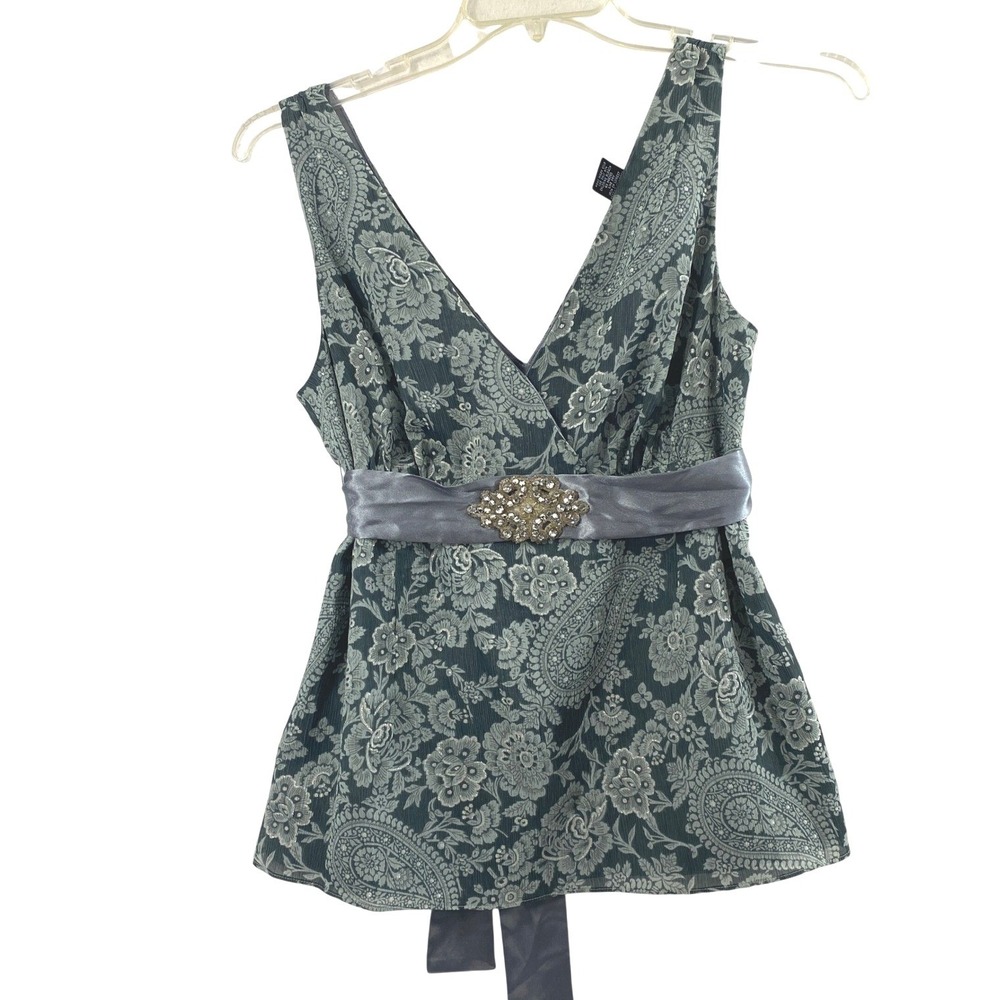 Pierre Cardin Babydoll Top Women XL Grey Floral Rhinestone Embellish Ribbon Sash